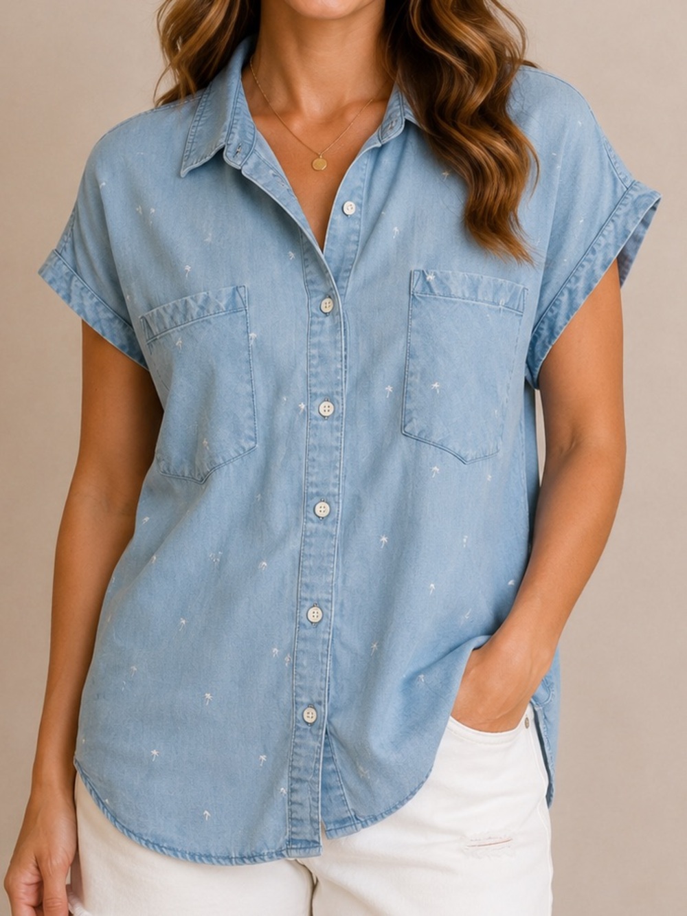Jachs Girlfriend Palm Tree Tencel Lyocell Chambray Button Front Shirt XL